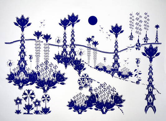Illustration paysage bleu nuit 50x65cm sérigraphie artisanale